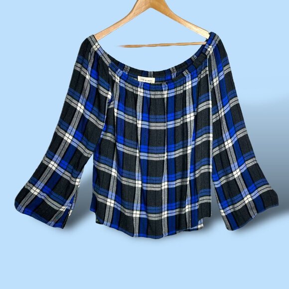 Cloth & Stone Blue Plaid Off The Shoulder Homestead Top Anthropologie Size Med‎ - Picture 3 of 10
